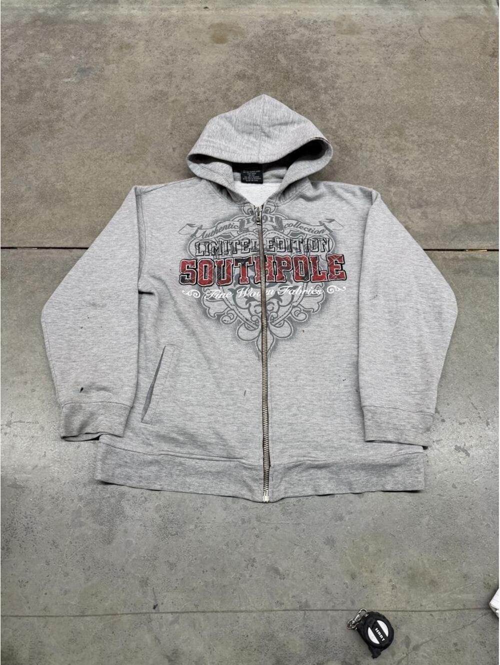 vintage southpole grey and red spell out zip up hoodie size xl